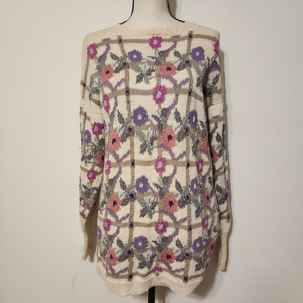 Vintage Susan Duckworth Hand Knit In England Floral Sweater SZ L